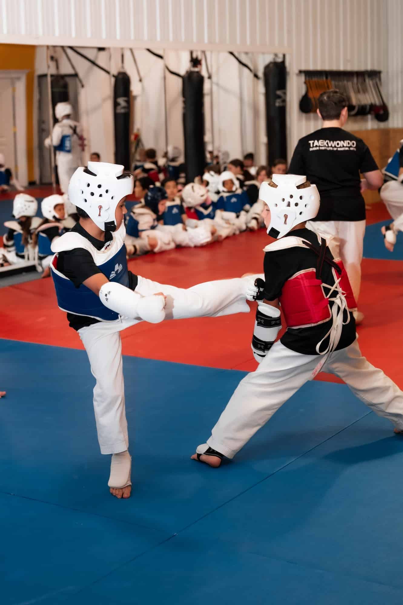 two children in sparring gear on the mat, one is kicking and the other is blocking